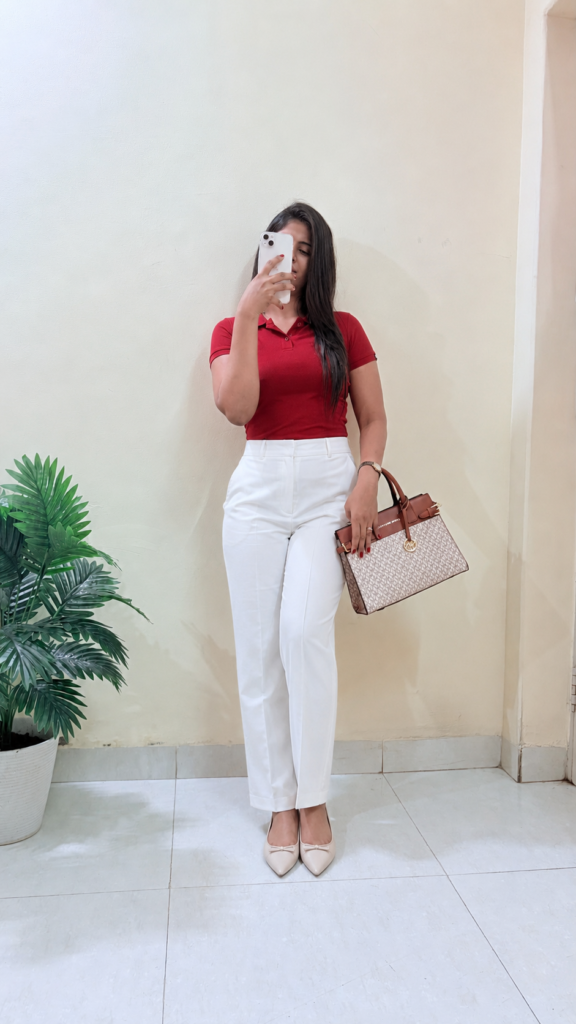 Polo Collar Neck T-Shirt With Off White Trousers 