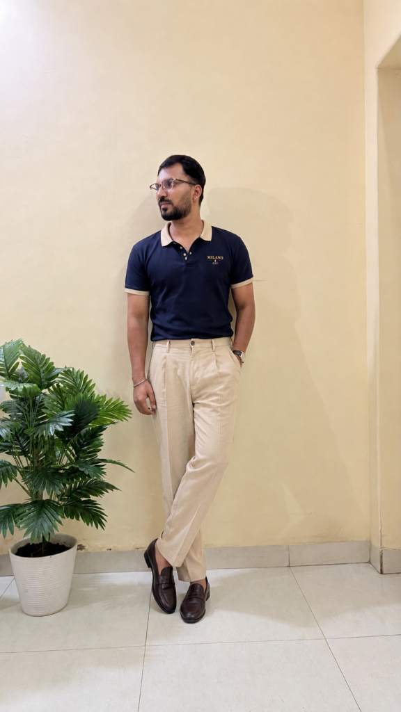 Blue Polo T Shirt With Formal Pleated Pant