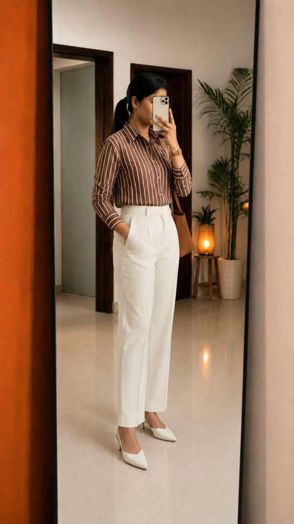 Brown Striped Shirt With Tailored High-Waist Wide Leg Trousers