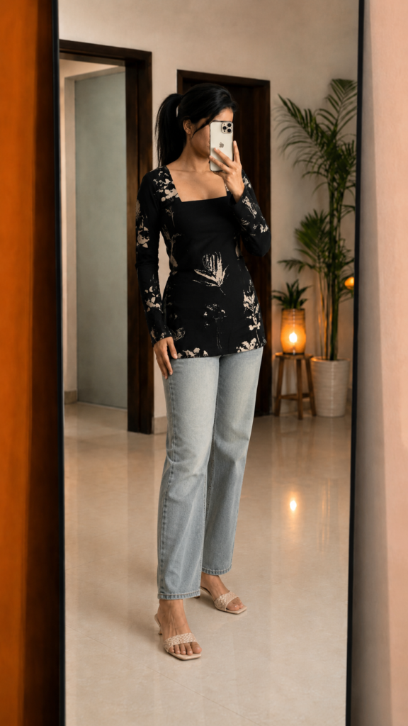 Printed Rayon Short Kurti | Stylish Square Neck Long Sleeve 