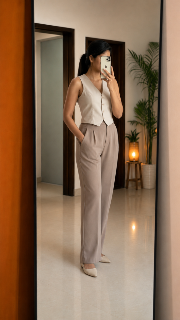V-Neck Top With Beige Formal Pants