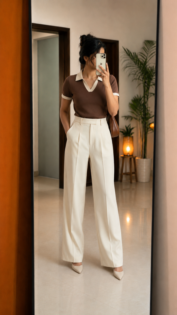 Brown Top With White Trouser Pant