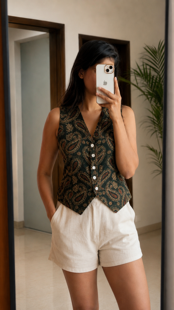 V-Nack printed cotton waistcoat top