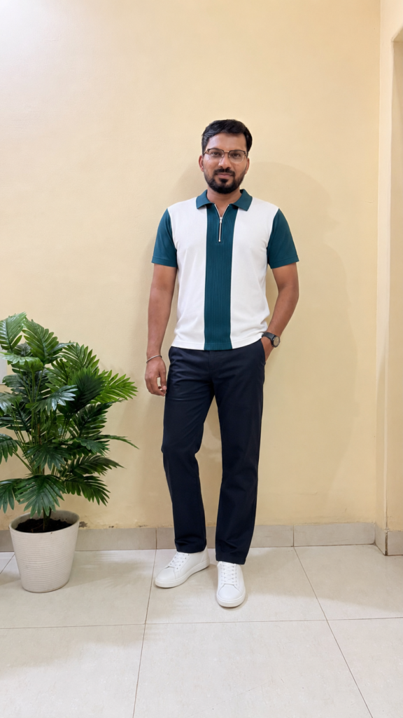 White & Teal Polo T-Shirt With Black Formal Trouser