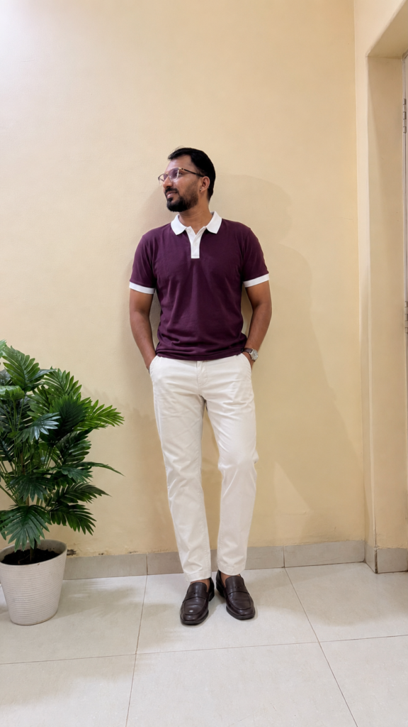 Purple Pol T-Shirt With White Men’s Casual Trouser