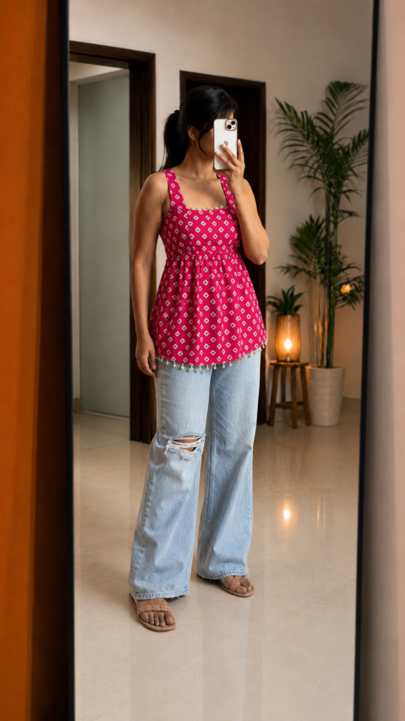 PINK BANDHANI SLEEVLESS KURTI