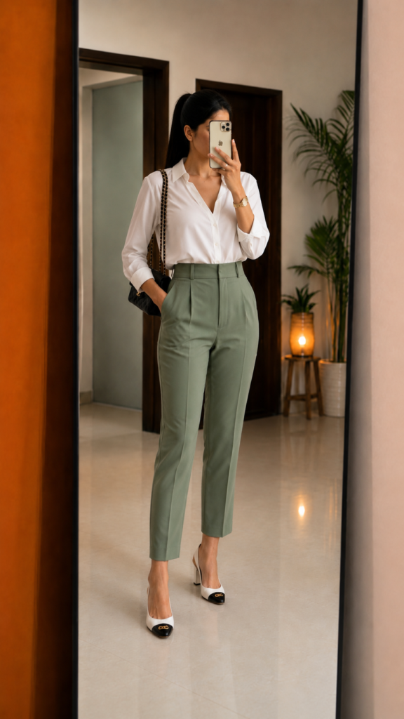Womens White Formal Shirt +  Green High-Rise Trousers