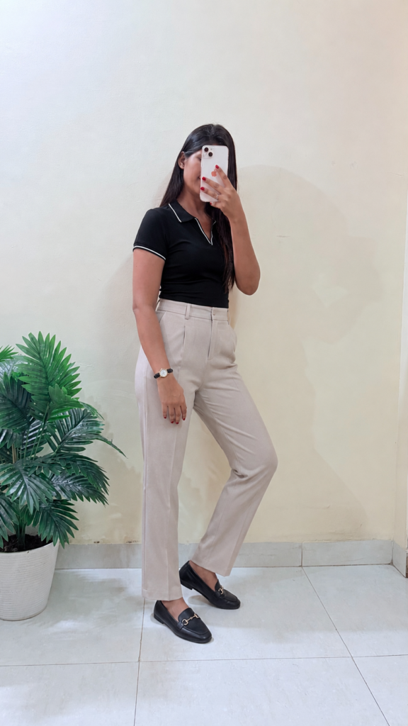Black Matty Fabric Polo T-Shirt With Beige Casual Pants
