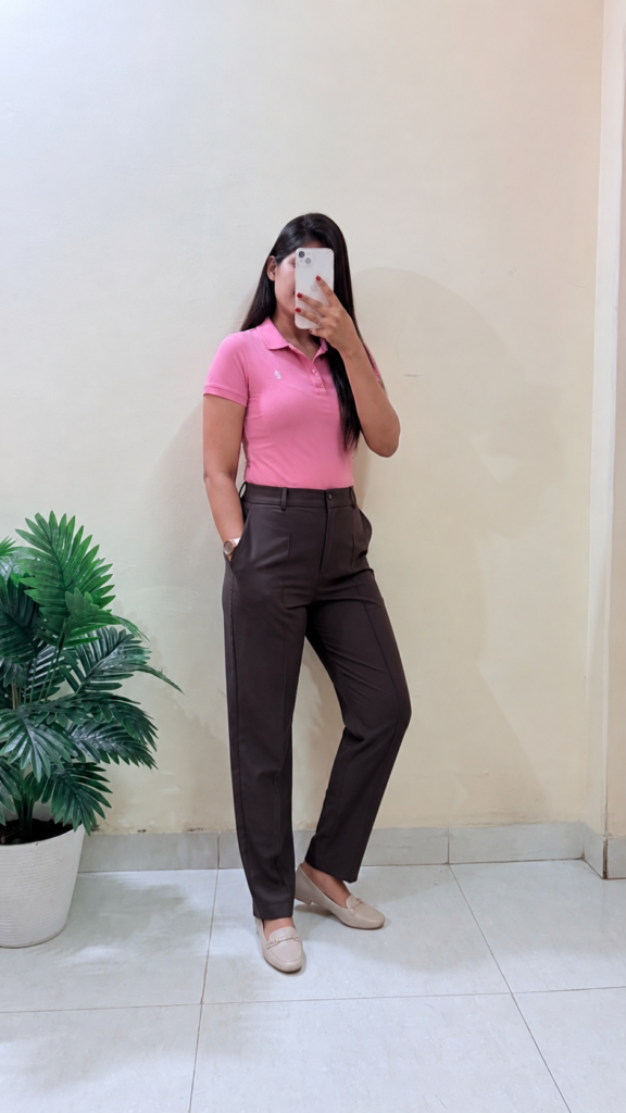 Pink Polo T-shirt With Brown Formal Trouser 