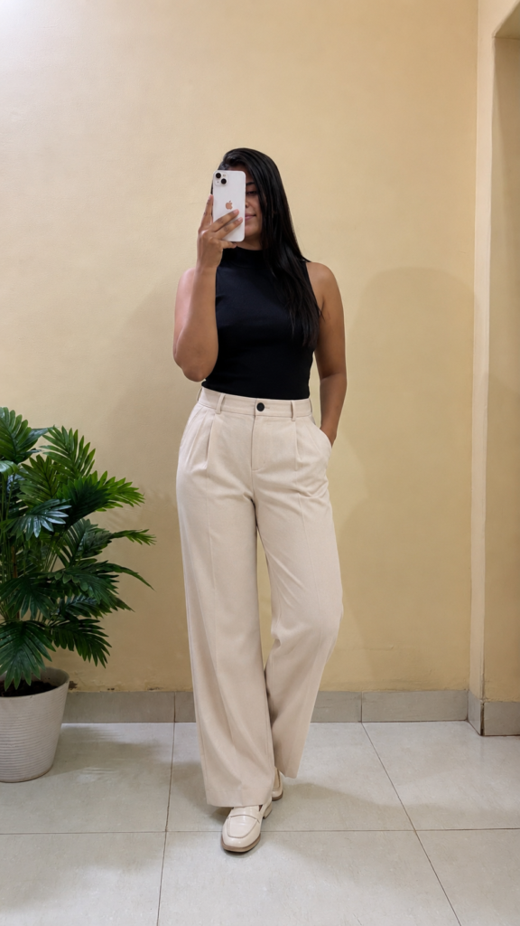 Black Slim Fit Top With Cream Trousers Pant