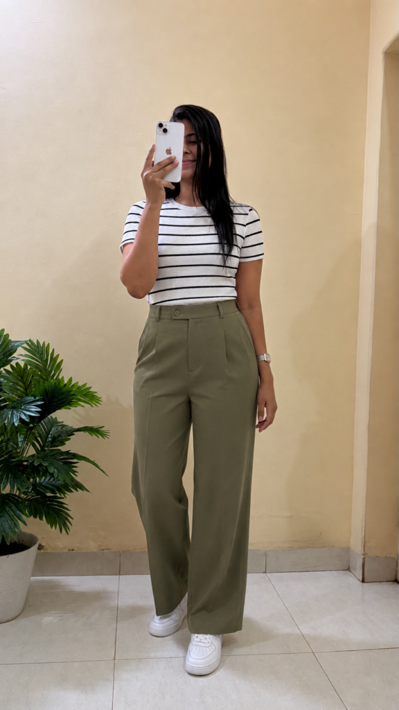 White Striped T-Shirt With Forest Green Pant
