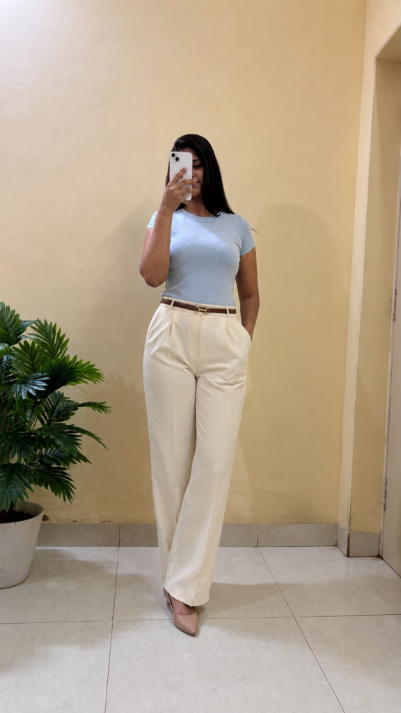 Dusty Blue T-Shirt With Beige Casual Pants