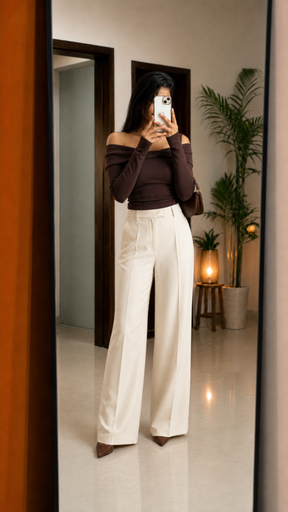 Marron Top & Cream Trousers