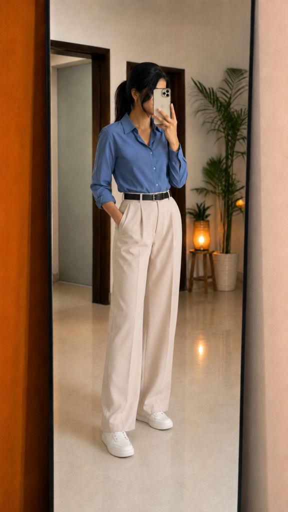 Blue Formal Cotton Shirt With Off-White Trouser