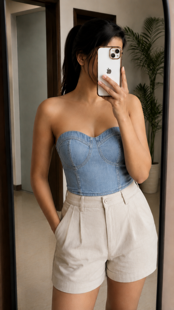 COTTON DENIM LIGHT BLUE BUSTIER TOP