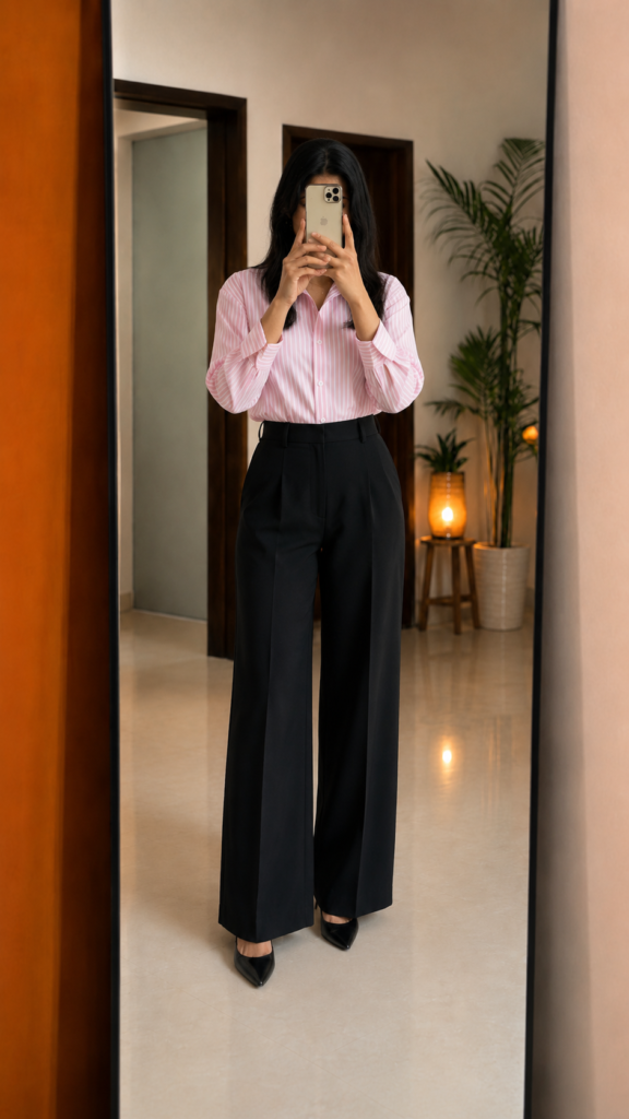 Pink Oxford Stripe Shirt + Black Trousers Pant