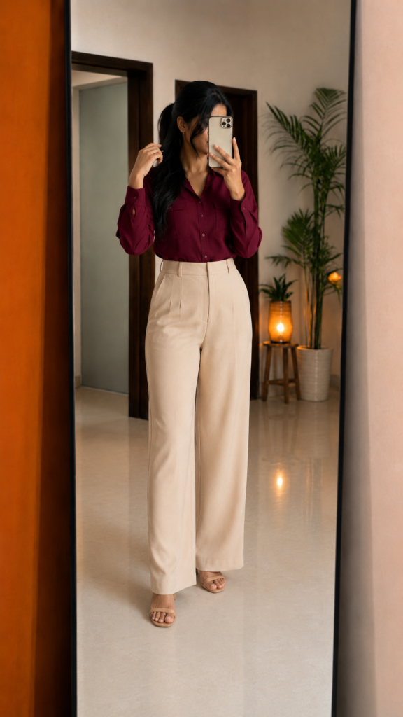 Maroon Formal Shirt With Off-White Korean Loose Trouser