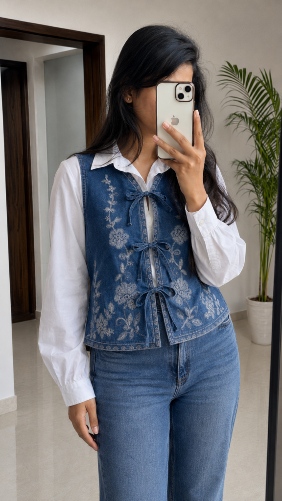 Women’s Denim Embroidered Front Tie-Up Waistcoat Top