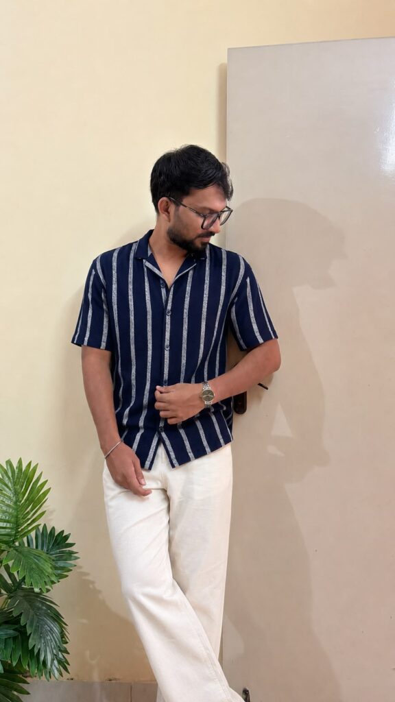 Blue & white vertical stripes opaque casual shirt ,has a spread collar, button placket, short regular sleeves, straight hem