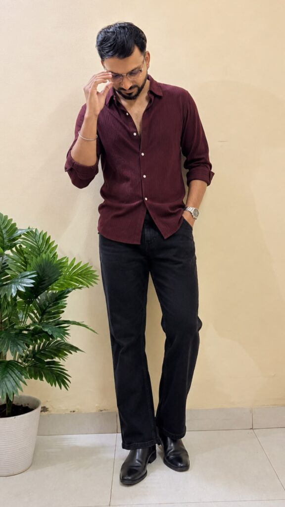 Maroon solid opaque Casual shirt ,has a spread collar, button placket, na pocket, long regular sleeves, curved hem