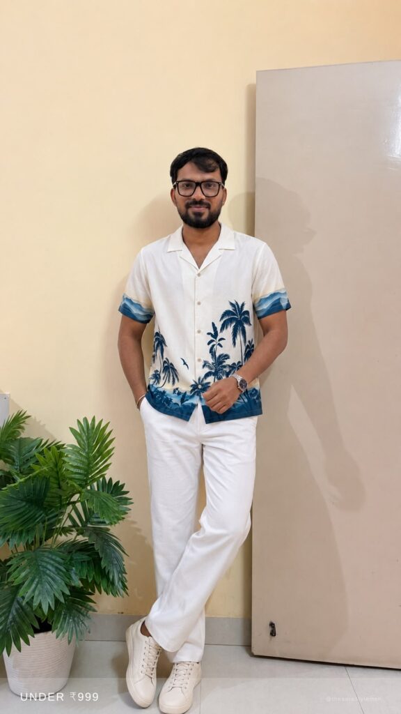 Tropical palm printed casual shirt for men styled for a casual day out