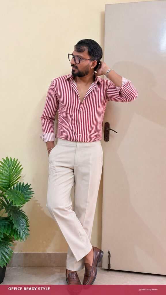 Men’s red striped classic collar shirt with cream trousers