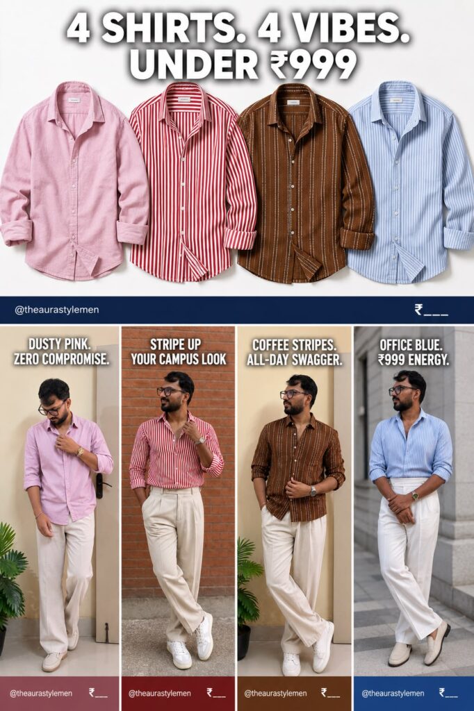 Flat lay of four men’s shirts—dusty pink solid, red vertical stripe, brown stripe, light-blue pinstripe—arranged in a 2×2 grid on white background.