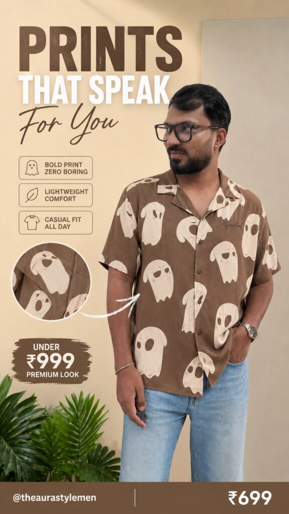 Young Indian man wearing brown ghost-print Cuban collar shirt, regular fit, untucked over light-wash jeans.