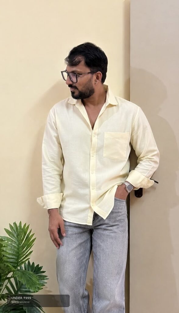 Affordable butter beige men’s shirt with grey jeans and under ₹999 badge