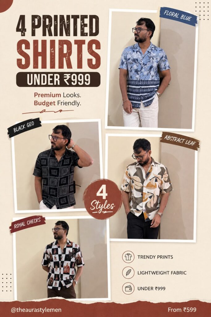 Collage of four images of young Indian men wearing different printed shirts, full body shots.