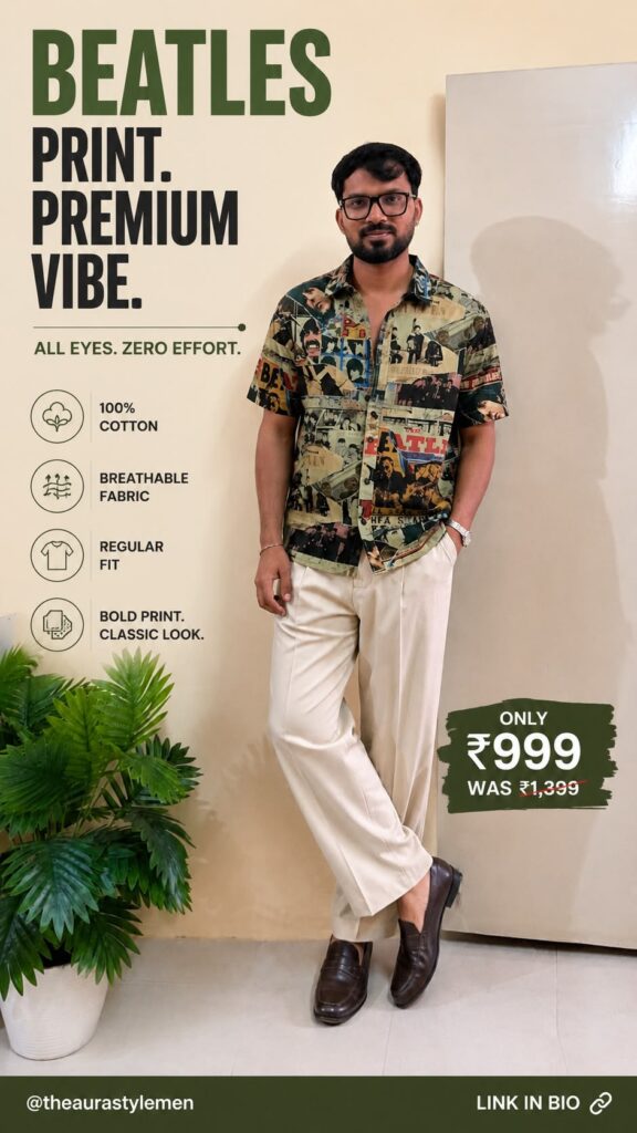 Young Indian man wearing black and beige abstract print Cuban collar shirt, cream trousers and brown tassel loafers, standing relaxed.
