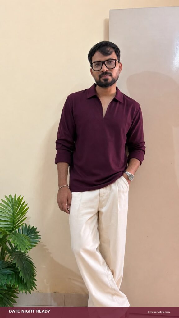 Maroon open-collar shirt with cream trousers for men’s date outfit