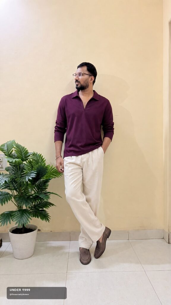 Men wearing maroon solid shirt and cream pants under ₹999 style