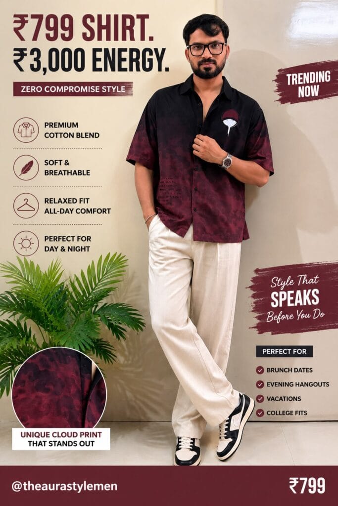 Man wearing a maroon-black oversized printed shirt with cream wide-leg trousers.