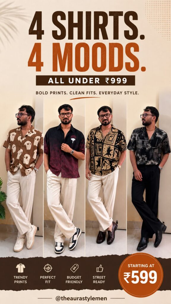Man modelling four printed short-sleeve shirts with cream and black trousers.