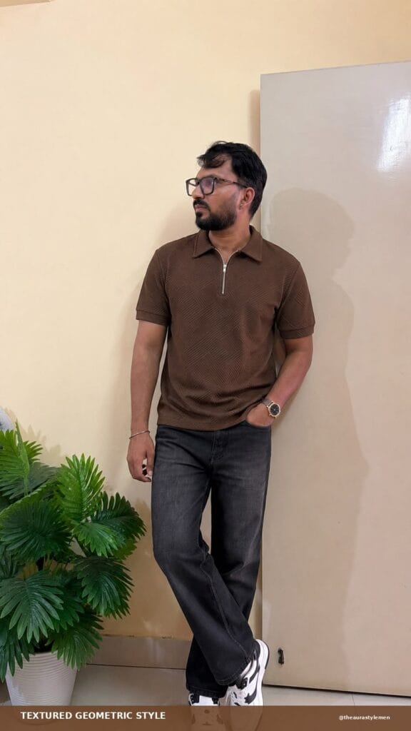 polo t-shirts for men - Brown Geometric Polo Shirt — Smart Casual Under ₹999