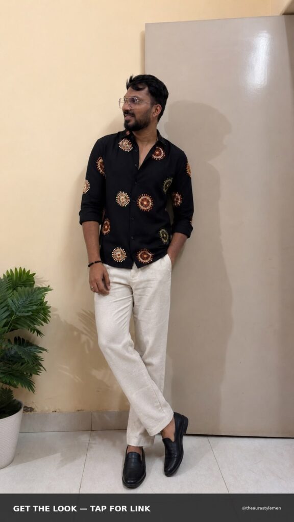 Pinterest style Pin featuring a black floral embroidered slim-fit casual shirt styled as a smart-casual evening outfit. The design focuses on the embroidered detailing and polished silhouette with a clean editorial layout.
