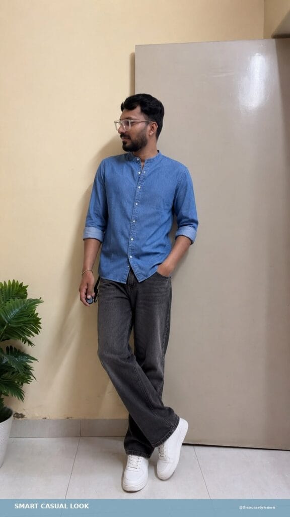 Vertical Pinterest Pin featuring a man wearing a solid blue mandarin collar denim shirt styled in a clean smart-casual outfit. The look is paired with neutral bottoms and minimal footwear, creating a modern everyday menswear appearance.