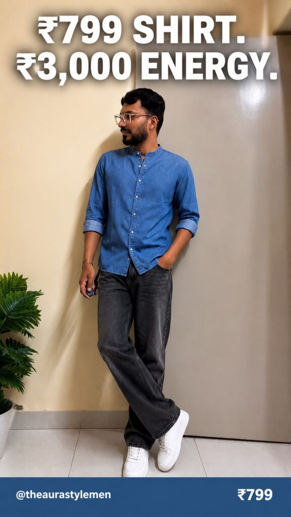 Vertical Pinterest Pin featuring a man wearing a solid blue mandarin collar denim shirt styled in a clean smart-casual outfit. The look is paired with neutral bottoms and minimal footwear, creating a modern everyday menswear appearance.