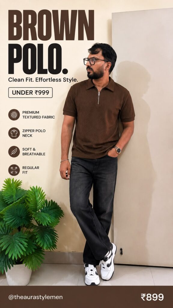 Man wearing a cocoa-brown textured quarter-zip polo, charcoal jeans and white sneakers.