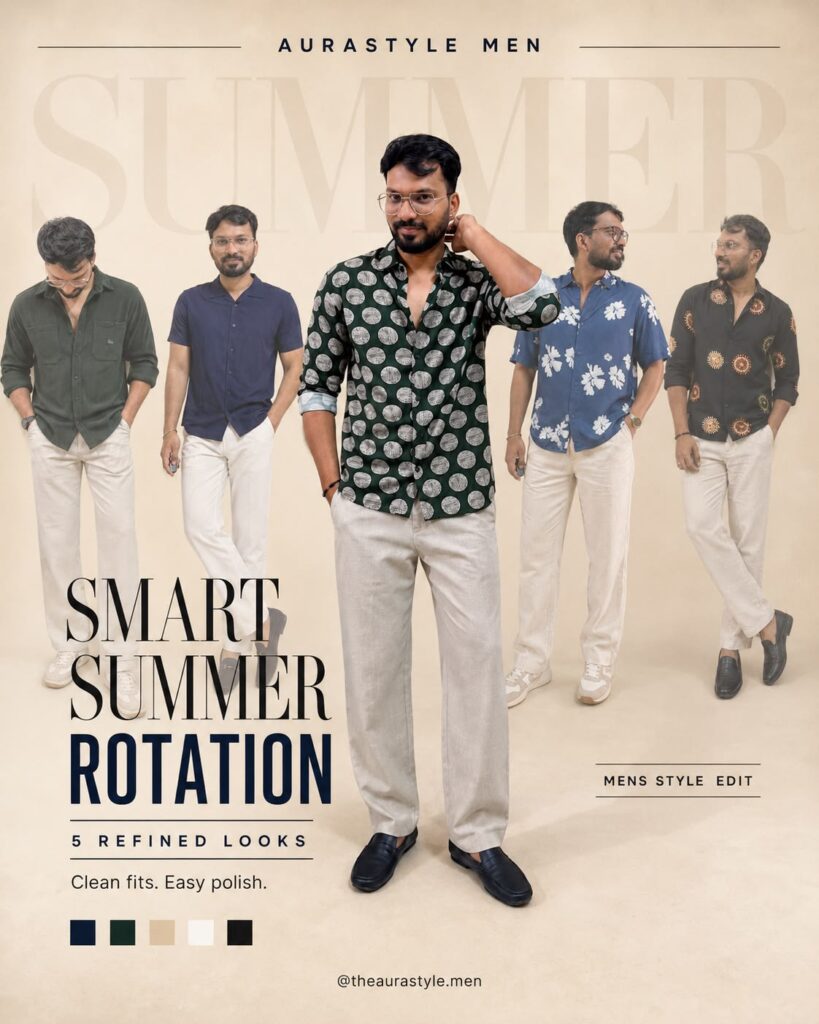 Men’s summer outfit inspiration cover featuring five smart-casual looks with printed shirts, navy and green shirts, off-white trousers, loafers and neutral sneakers on a premium beige editorial background.