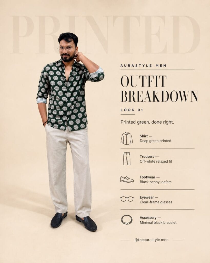 Man wearing a deep green circular-print shirt with rolled sleeves, relaxed off-white trousers, clear-frame glasses, a black bracelet and black penny loafers.