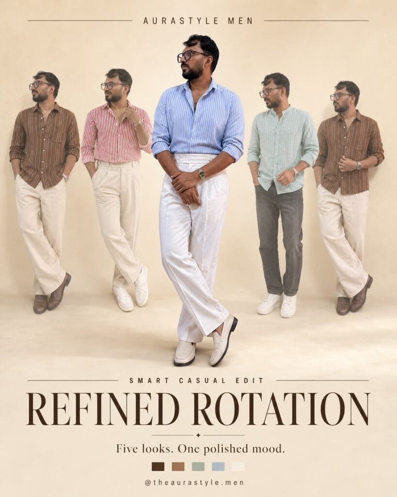 Five smart casual men’s outfits featuring blue, brown, red and mint striped shirts styled with ivory trousers, dark jeans, loafers and sneakers.