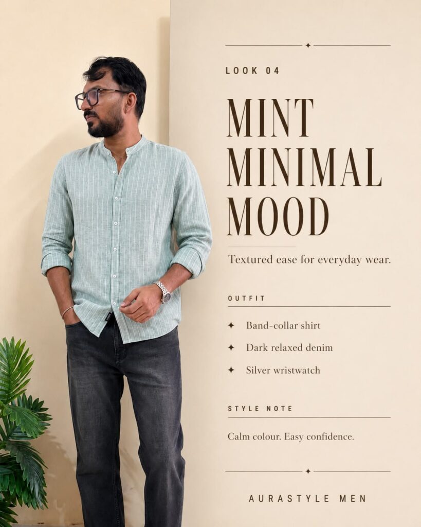 Man wearing a mint green striped band-collar shirt with relaxed dark denim and a silver wristwatch.