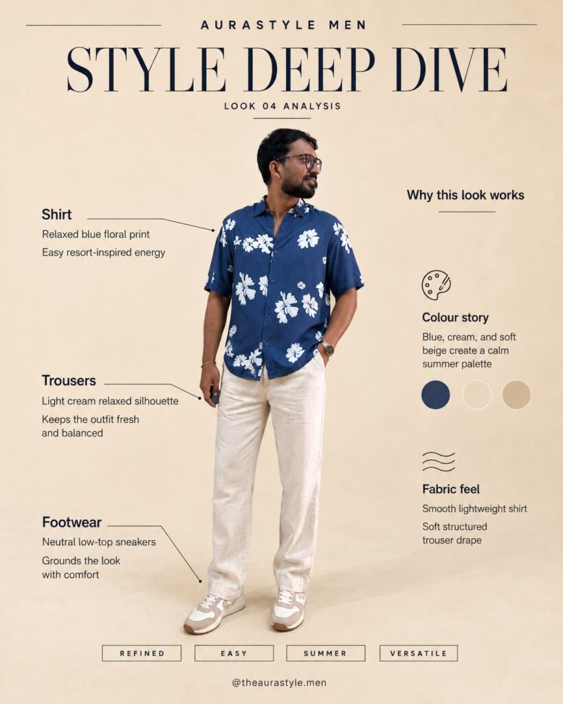 Men’s style-analysis graphic showing a blue floral shirt, cream relaxed trousers and beige sneakers with garment callouts, colour swatches and summer styling notes.