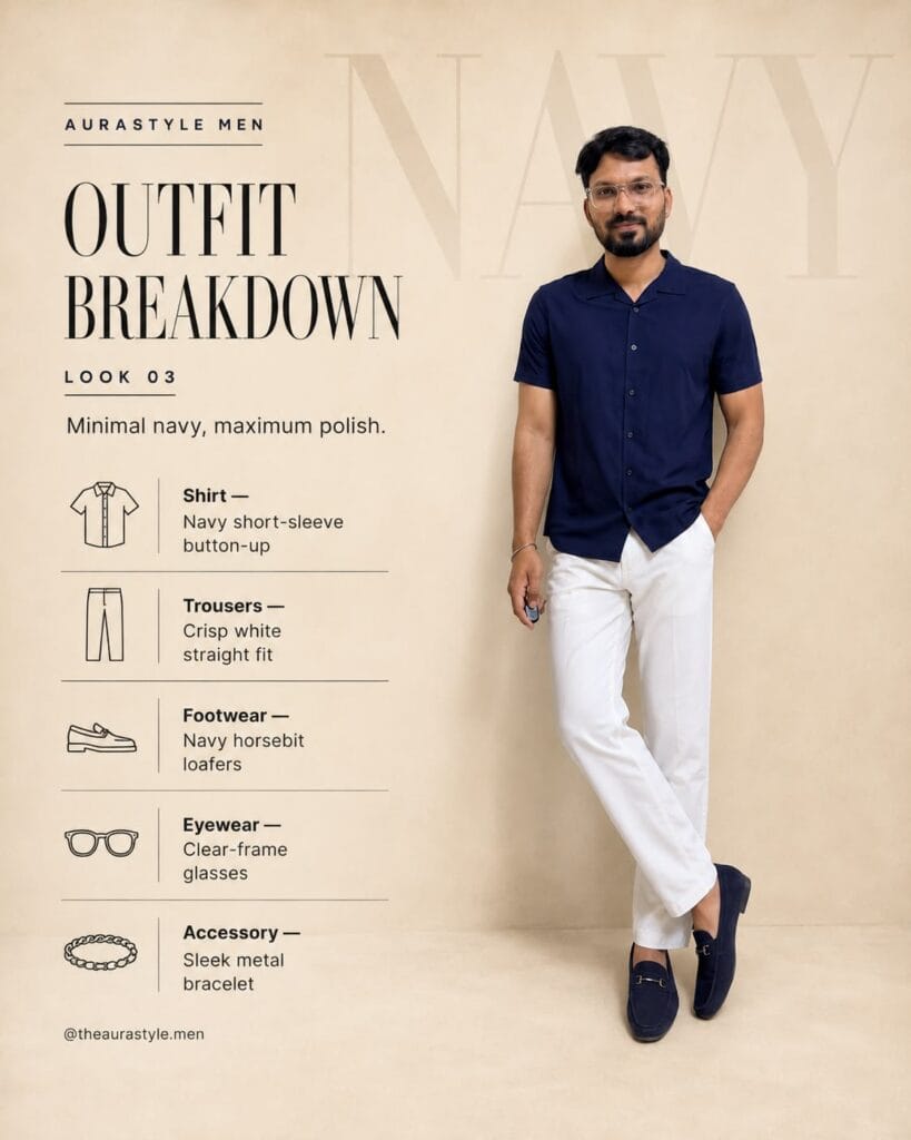 office outfits for men - Navy Shirt and White Pants Outfit for Men | Minimal Style