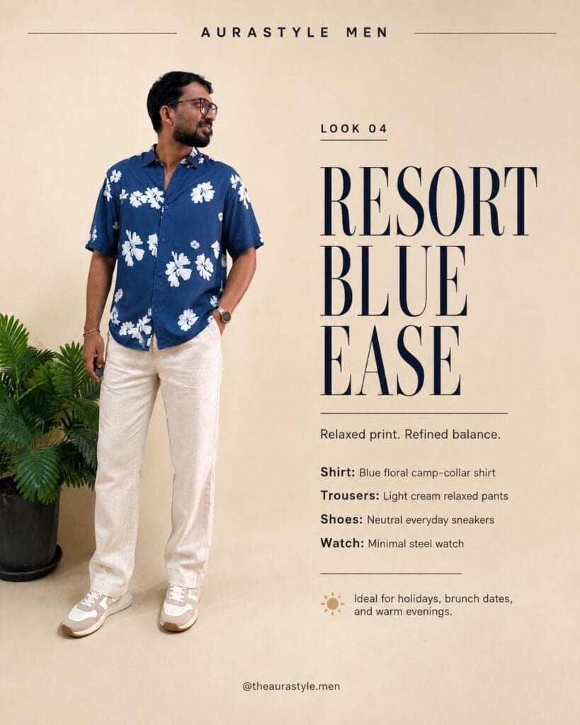 Man wearing a blue short-sleeve floral shirt with large white flowers, cream relaxed trousers, neutral beige sneakers, glasses and a wristwatch.