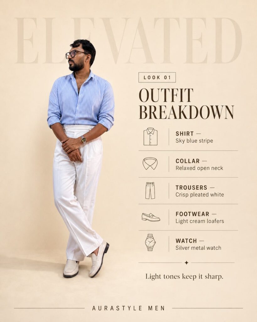 Man wearing a blue striped shirt with white pleated trousers, cream loafers and a silver wristwatch.