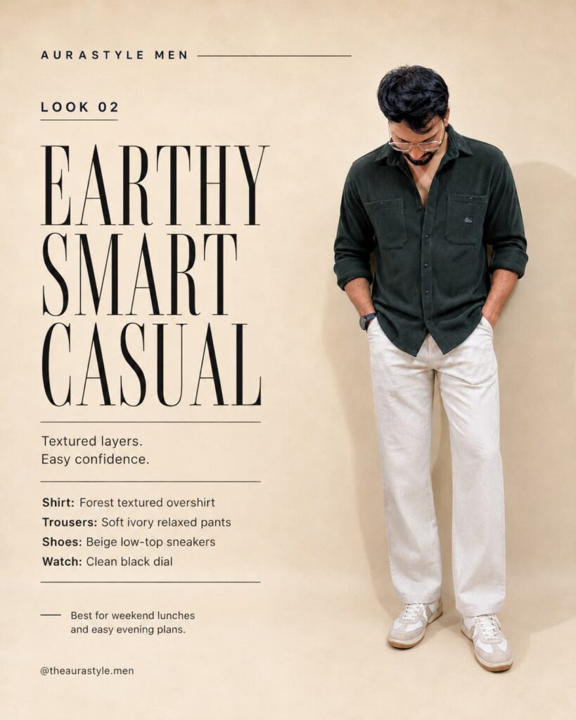 Man looking down while wearing a forest green textured button-up shirt, relaxed ivory trousers, clear glasses, a black watch and beige low-top sneakers.