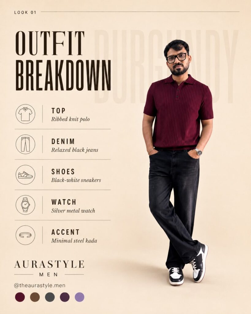 Man wearing a burgundy ribbed polo Tshirt with relaxed black jeans, black-and-white sneakers and a silver watch.